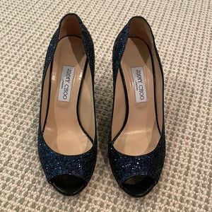 Jimmy Choo blue sparkly wedge heels size 39.5